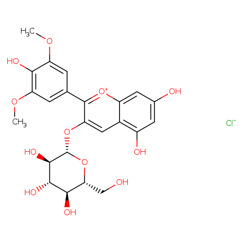 OC[C@H]1O[C@@H](Oc2cc3c(O)cc(cc3[o+]c2c2cc(OC)c(c(c2)OC)O)O)[C@@H]([C@H]([C@@H]1O)O)O.[Cl-]