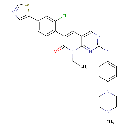 CCn1c2nc(ncc2cc(c1=O)c1ccc(cc1Cl)c1cncs1)Nc1ccc(cc1)N1CCN(CC1)C