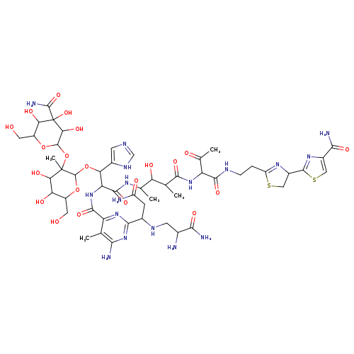 OCC1OC(OC(C(C(=O)NC(C(C(C(=O)NC(C(=O)NCCC2=NC(CS2)c2scc(n2)C(=O)N)C(=O)C)C)O)C)NC(=O)c2nc(nc(c2C)N)C(CC(=O)N)NCC(C(=O)N)N)c2[nH]cnc2)C(C(C1O)O)(C)OC1OC(CO)C(C(C1O)(O)C(=O)N)O