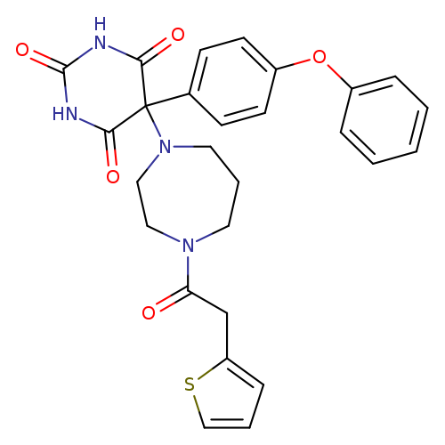 O=C1NC(=O)C(C(=O)N1)(N1CCCN(CC1)C(=O)Cc1cccs1)c1ccc(cc1)Oc1ccccc1