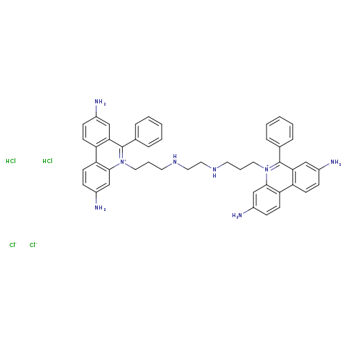 Nc1ccc2c(c1)[n+](CCCNCCNCCC[n+]1c(c3ccccc3)c3cc(N)ccc3c3c1cc(N)cc3)c(c1c2ccc(c1)N)c1ccccc1.Cl.Cl.[Cl-].[Cl-]