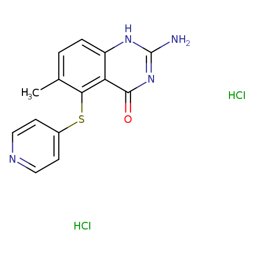 Cc1ccc2c(c1Sc1ccncc1)c(=O)nc([nH]2)N.Cl.Cl