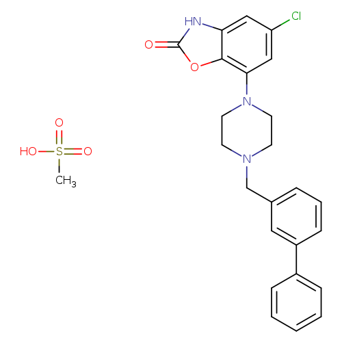 CS(=O)(=O)O.Clc1cc(N2CCN(CC2)Cc2cccc(c2)c2ccccc2)c2c(c1)[nH]c(=O)o2