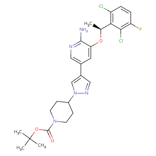 O=C(N1CCC(CC1)n1ncc(c1)c1cnc(c(c1)O[C@H](c1c(Cl)ccc(c1Cl)F)C)N)OC(C)(C)C