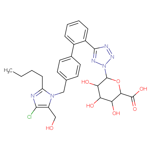 CCCCc1nc(c(n1Cc1ccc(cc1)c1ccccc1c1nnn(n1)C1OC(C(=O)O)C(C(C1O)O)O)CO)Cl