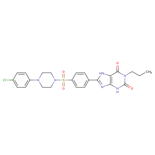 CCCn1c(=O)[nH]c2c(c1=O)[nH]c(n2)c1ccc(cc1)S(=O)(=O)N1CCN(CC1)c1ccc(cc1)Cl