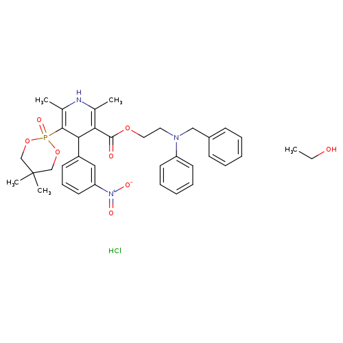 CC1=C(C(=O)OCCN(c2ccccc2)Cc2ccccc2)C(C(=C(N1)C)P1(=O)OCC(CO1)(C)C)c1cccc(c1)[N+](=O)[O-].CCO.Cl