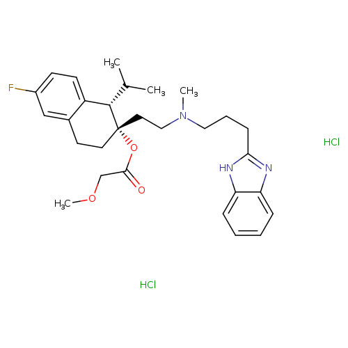 COCC(=O)O[C@]1(CCN(CCCc2nc3c([nH]2)cccc3)C)CCc2c([C@@H]1C(C)C)ccc(c2)F.Cl.Cl