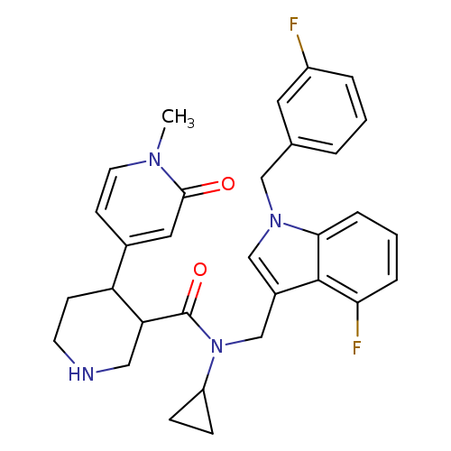 Fc1cccc(c1)Cn1cc(c2c1cccc2F)CN(C(=O)C1CNCCC1c1ccn(c(=O)c1)C)C1CC1