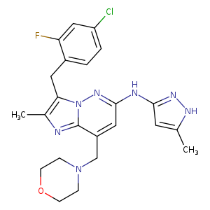 Clc1ccc(c(c1)F)Cc1c(C)nc2n1nc(Nc1n[nH]c(c1)C)cc2CN1CCOCC1