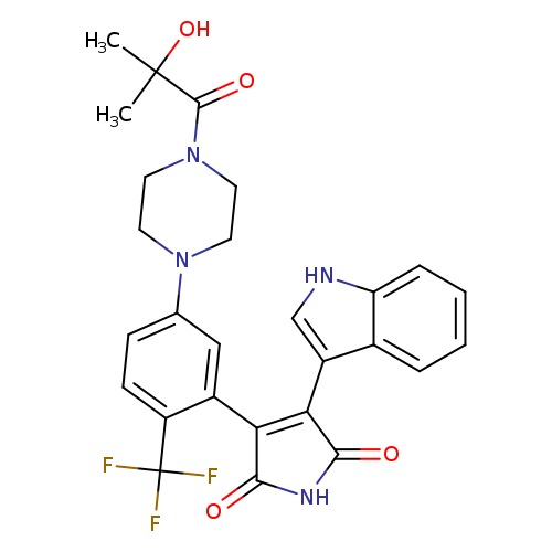 O=C(C(O)(C)C)N1CCN(CC1)c1ccc(c(c1)C1=C(C(=O)NC1=O)c1c[nH]c2c1cccc2)C(F)(F)F