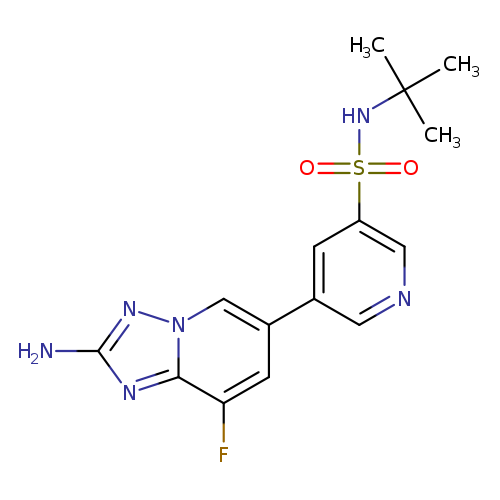 Nc1nn2c(n1)c(F)cc(c2)c1cncc(c1)S(=O)(=O)NC(C)(C)C