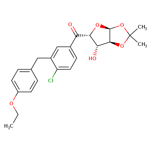 CCOc1ccc(cc1)Cc1cc(ccc1Cl)C(=O)[C@@H]1O[C@@H]2[C@H]([C@@H]1O)OC(O2)(C)C