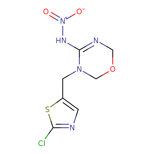 [O-][N+](=O)NC1=NCOCN1Cc1cnc(s1)Cl