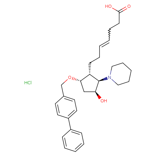 OC(=O)CCC=CCC[C@H]1[C@@H](OCc2ccc(cc2)c2ccccc2)C[C@@H]([C@@H]1N1CCCCC1)O.Cl