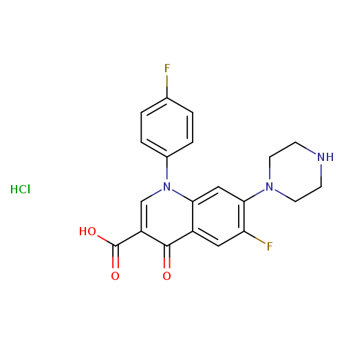 Fc1ccc(cc1)n1cc(C(=O)O)c(=O)c2c1cc(N1CCNCC1)c(c2)F.Cl