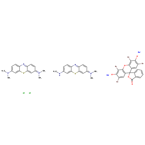 CN(c1ccc2c(c1)sc1c(n2)ccc(=[N+](C)C)c1)C.O=C1OC2(c3c1cccc3)c1cc(Br)c(c(c1Oc1c2cc(Br)c(c1Br)[O-])Br)[O-].CNc1ccc2c(c1)sc1c(n2)ccc(=[N+](C)C)c1.[Na+].[Na+].[Cl-].[Cl-]