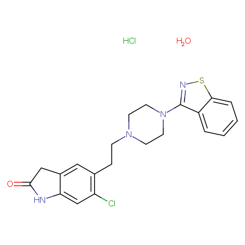 O=C1Nc2c(C1)cc(c(c2)Cl)CCN1CCN(CC1)c1nsc2c1cccc2.O.Cl