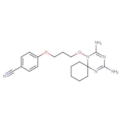 N#Cc1ccc(cc1)OCCCON1C(=NC(=NC21CCCCC2)N)N