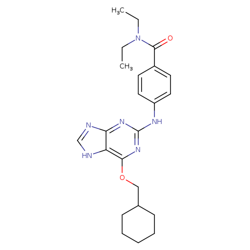 CCN(C(=O)c1ccc(cc1)Nc1nc(OCC2CCCCC2)c2c(n1)nc[nH]2)CC