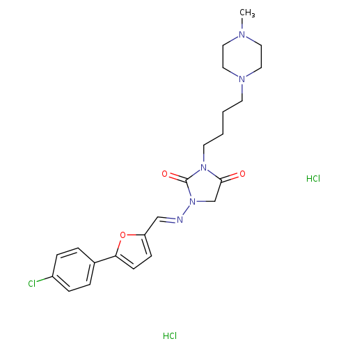 CN1CCN(CC1)CCCCN1C(=O)CN(C1=O)/N=C/c1ccc(o1)c1ccc(cc1)Cl.Cl.Cl