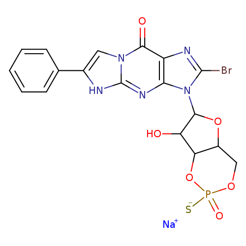OC1C2OP(=O)([S-])OCC2OC1n1c(Br)nc2c1nc1[nH]c(cn1c2=O)c1ccccc1.[Na+]
