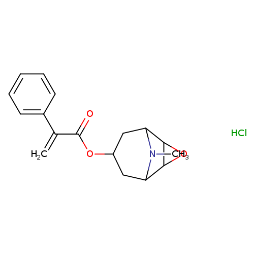 CN1C2CC(CC1C1C2O1)OC(=O)C(=C)c1ccccc1.Cl