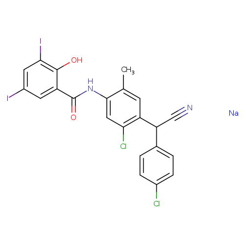 N#CC(c1cc(C)c(cc1Cl)NC(=O)c1cc(I)cc(c1O)I)c1ccc(cc1)Cl.[Na]