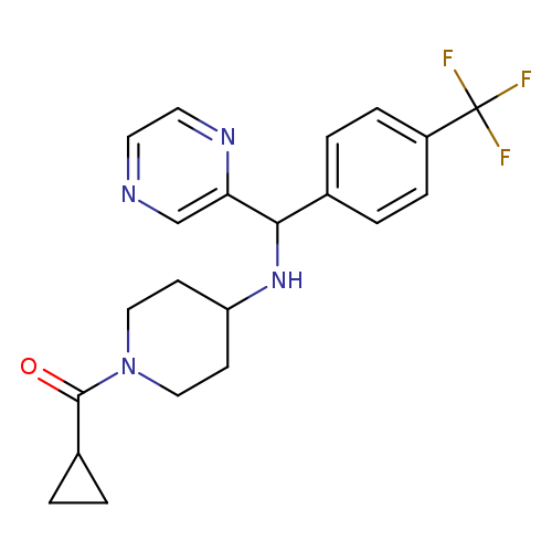 O=C(N1CCC(CC1)NC(c1cnccn1)c1ccc(cc1)C(F)(F)F)C1CC1
