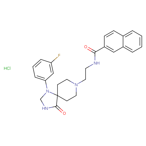 Fc1cccc(c1)N1CNC(=O)C21CCN(CC2)CCNC(=O)c1ccc2c(c1)cccc2.Cl