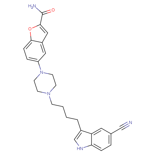 N#Cc1ccc2c(c1)c(CCCCN1CCN(CC1)c1ccc3c(c1)cc(o3)C(=O)N)c[nH]2