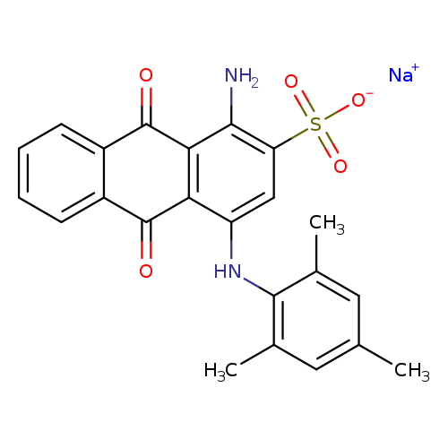 Cc1cc(C)c(c(c1)C)Nc1cc(c(c2c1C(=O)c1ccccc1C2=O)N)S(=O)(=O)[O-].[Na+]