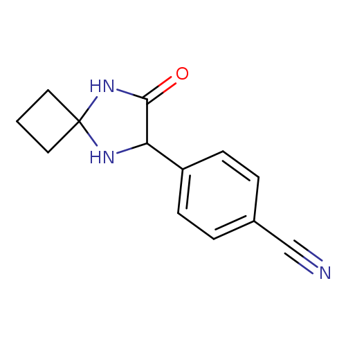 N#Cc1ccc(cc1)C1NC2(NC1=O)CCC2