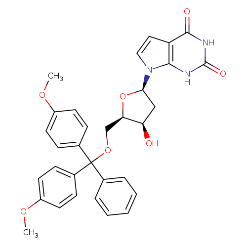 COc1ccc(cc1)C(c1ccc(cc1)OC)(c1ccccc1)OC[C@H]1O[C@H](C[C@H]1O)n1ccc2c1[nH]c(=O)[nH]c2=O