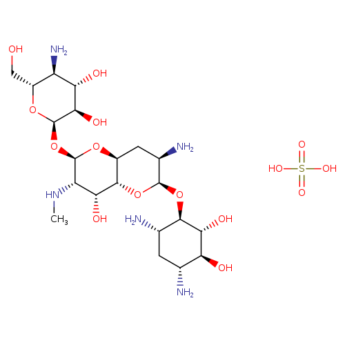 OS(=O)(=O)O.CN[C@@H]1[C@H](O[C@@H]2[C@@H]([C@@H]1O)O[C@@H]([C@@H](C2)N)O[C@@H]1[C@@H](N)C[C@H]([C@@H]([C@H]1O)O)N)O[C@H]1O[C@H](CO)[C@H]([C@@H]([C@H]1O)O)N