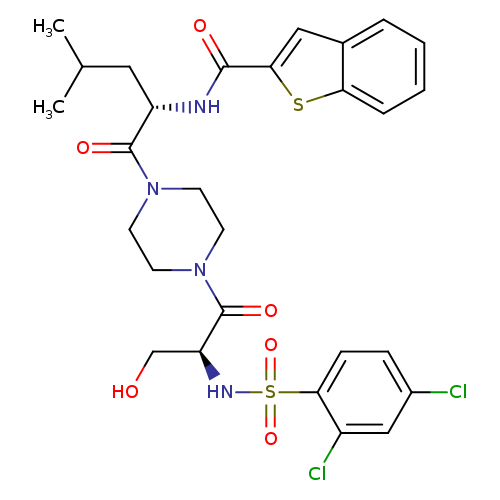OC[C@@H](C(=O)N1CCN(CC1)C(=O)[C@@H](NC(=O)c1cc2c(s1)cccc2)CC(C)C)NS(=O)(=O)c1ccc(cc1Cl)Cl
