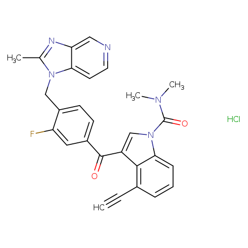 C#Cc1cccc2c1c(cn2C(=O)N(C)C)C(=O)c1ccc(c(c1)F)Cn1c(C)nc2c1ccnc2.Cl