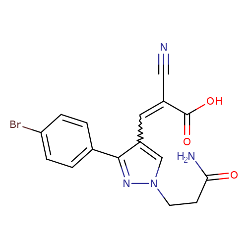 N#CC(=Cc1cn(nc1c1ccc(cc1)Br)CCC(=O)N)C(=O)O