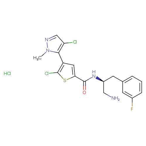 NC[C@@H](NC(=O)c1sc(c(c1)c1c(Cl)cnn1C)Cl)Cc1cccc(c1)F.Cl
