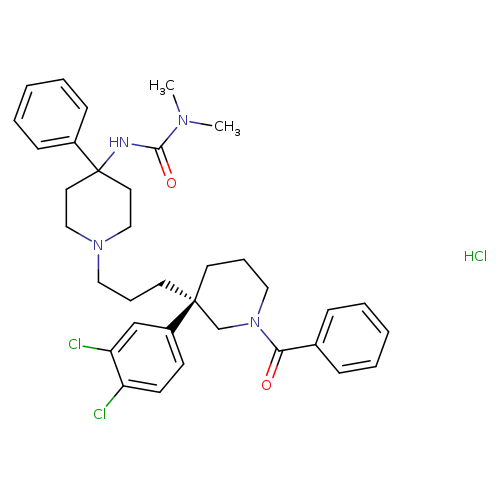 CN(C(=O)NC1(CCN(CC1)CCC[C@@]1(CCCN(C1)C(=O)c1ccccc1)c1ccc(c(c1)Cl)Cl)c1ccccc1)C.Cl