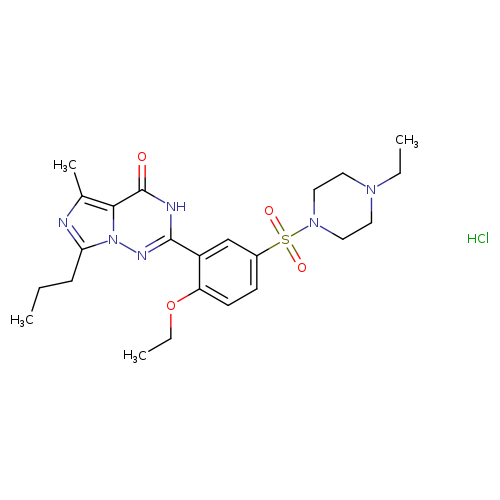 CCOc1ccc(cc1c1[nH]c(=O)c2n(n1)c(CCC)nc2C)S(=O)(=O)N1CCN(CC1)CC.Cl