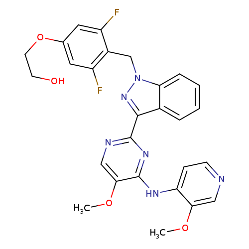 OCCOc1cc(F)c(c(c1)F)Cn1nc(c2c1cccc2)c1ncc(c(n1)Nc1ccncc1OC)OC