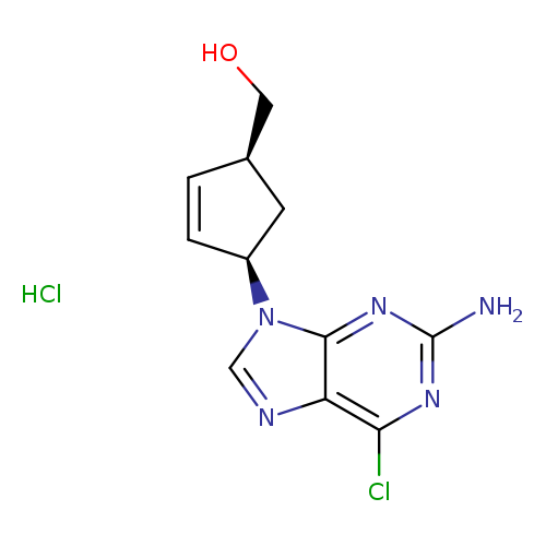 OC[C@@H]1C=C[C@@H](C1)n1cnc2c1nc(N)nc2Cl.Cl