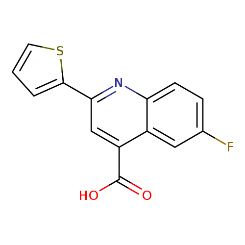 Fc1ccc2c(c1)c(cc(n2)c1cccs1)C(=O)O