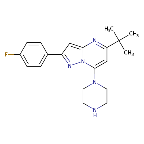 Fc1ccc(cc1)c1nn2c(c1)nc(cc2N1CCNCC1)C(C)(C)C