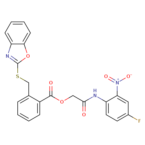 O=C(Nc1ccc(cc1[N+](=O)[O-])F)COC(=O)c1ccccc1CSc1nc2c(o1)cccc2