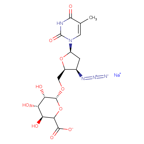 [N-]=[N+]=N[C@@H]1C[C@@H](O[C@@H]1CO[C@@H]1OC(C(=O)[O-])[C@H]([C@@H]([C@@H]1O)O)O)n1cc(C)c(=O)[nH]c1=O.[Na+]