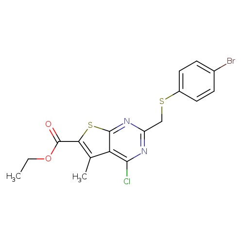 CCOC(=O)c1sc2c(c1C)c(Cl)nc(n2)CSc1ccc(cc1)Br