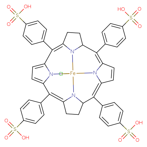 Cl[Fe]123N4C5=C(c6n2c(C(=C2N1C(CC2)C(=c1n3c(=C(C4CC5)c2ccc(cc2)S(=O)(=O)O)cc1)c1ccc(cc1)S(=O)(=O)O)c1ccc(cc1)S(=O)(=O)O)cc6)c1ccc(cc1)S(=O)(=O)O
