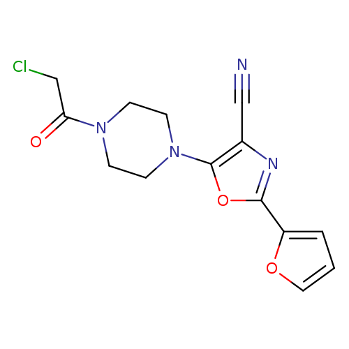ClCC(=O)N1CCN(CC1)c1oc(nc1C#N)c1ccco1
